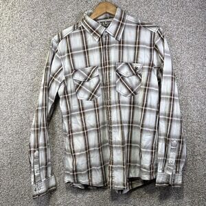 B. Tuff Shirt Mens Medium Brown Plaid Long Sleeve Pearl Snap Western Embroidered